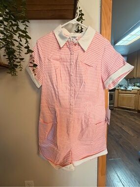 Unique Vintage Pink Gingham Button-Up Romper with White Collar